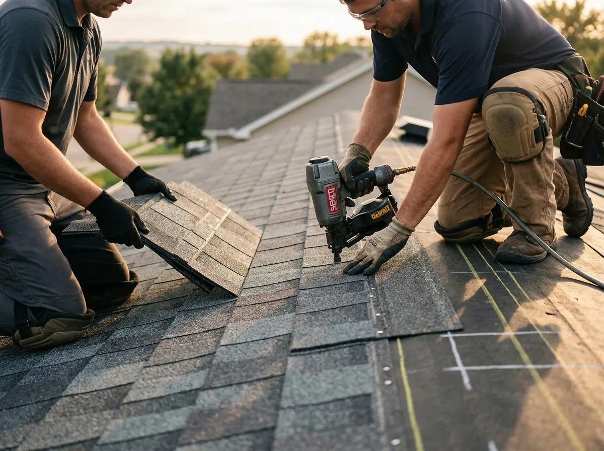 Professional roofer working on a residential roof in Leesylvania